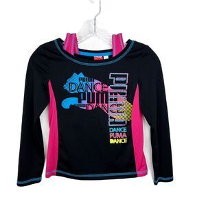 PUMA Girls Shirt Youth Medium Black Pink Dance Sparkly Long Sleeve Active Tee